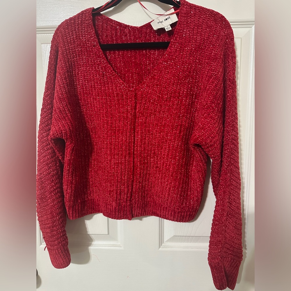 Pink Rose - Cozy Red Chenille Metallic V-Neck Sweater